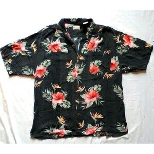 Bungalow Mens Hawaiian Shirt Large Black Tropical Short Sleeve Button Up Floral